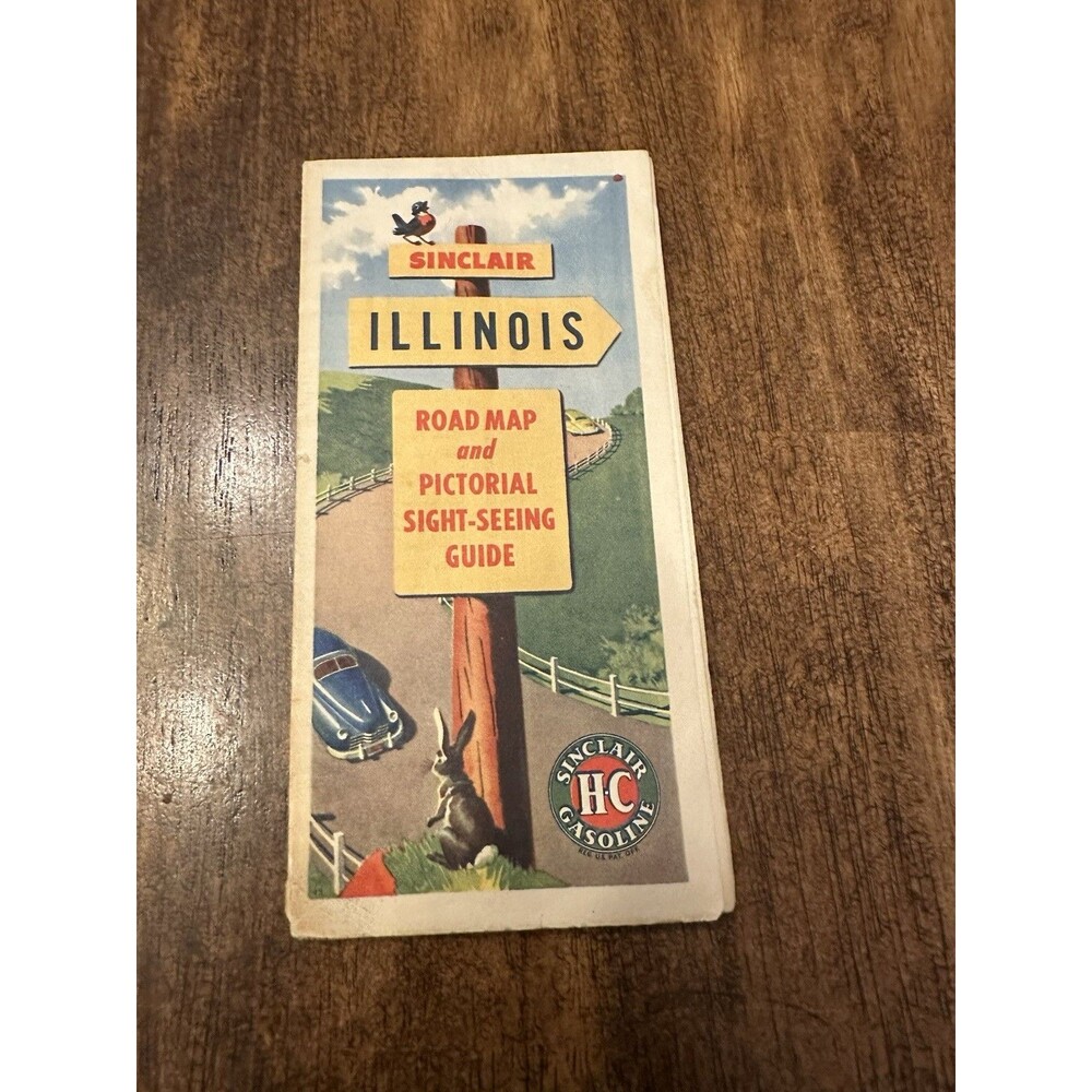Vintage 1940s Sinclair HC Gasoline Illinois Road Map Pictorial Sightseeing Guide